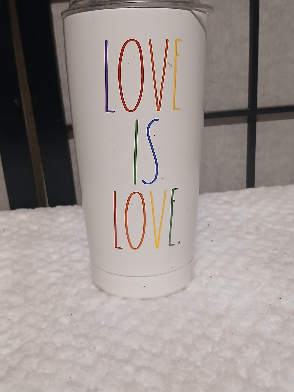 Rae Dunn White Tumbler with Rainbow 'LOVE IS LOVE' Lettering